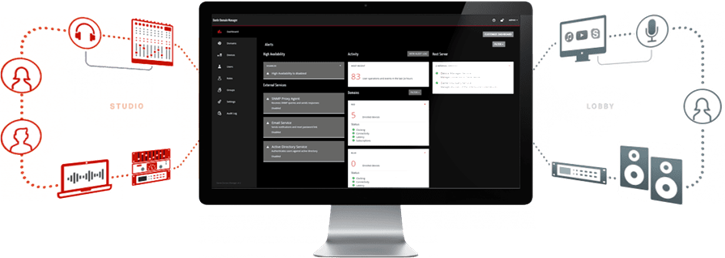 Dante domain hero image with integrations in graphics around a monitor displaying Dante Domain Software